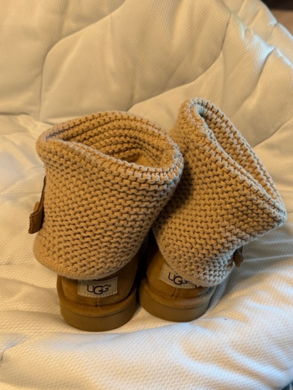 UGG Fold-Over Knit Suede Ankle Boots in Camel - Picture 2 of 5